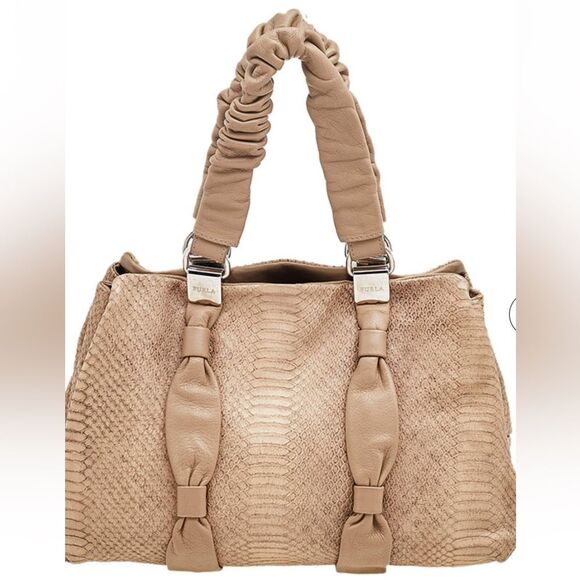 Furla Beige Python Embossed Genuine Leather Shoulder Bag Italy Travel Work Large - Picture 1 of 13